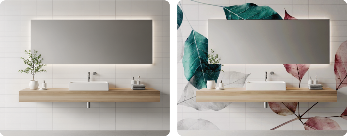 Decorative Leaf Mural Behind Bathroom Sink Tile Wall